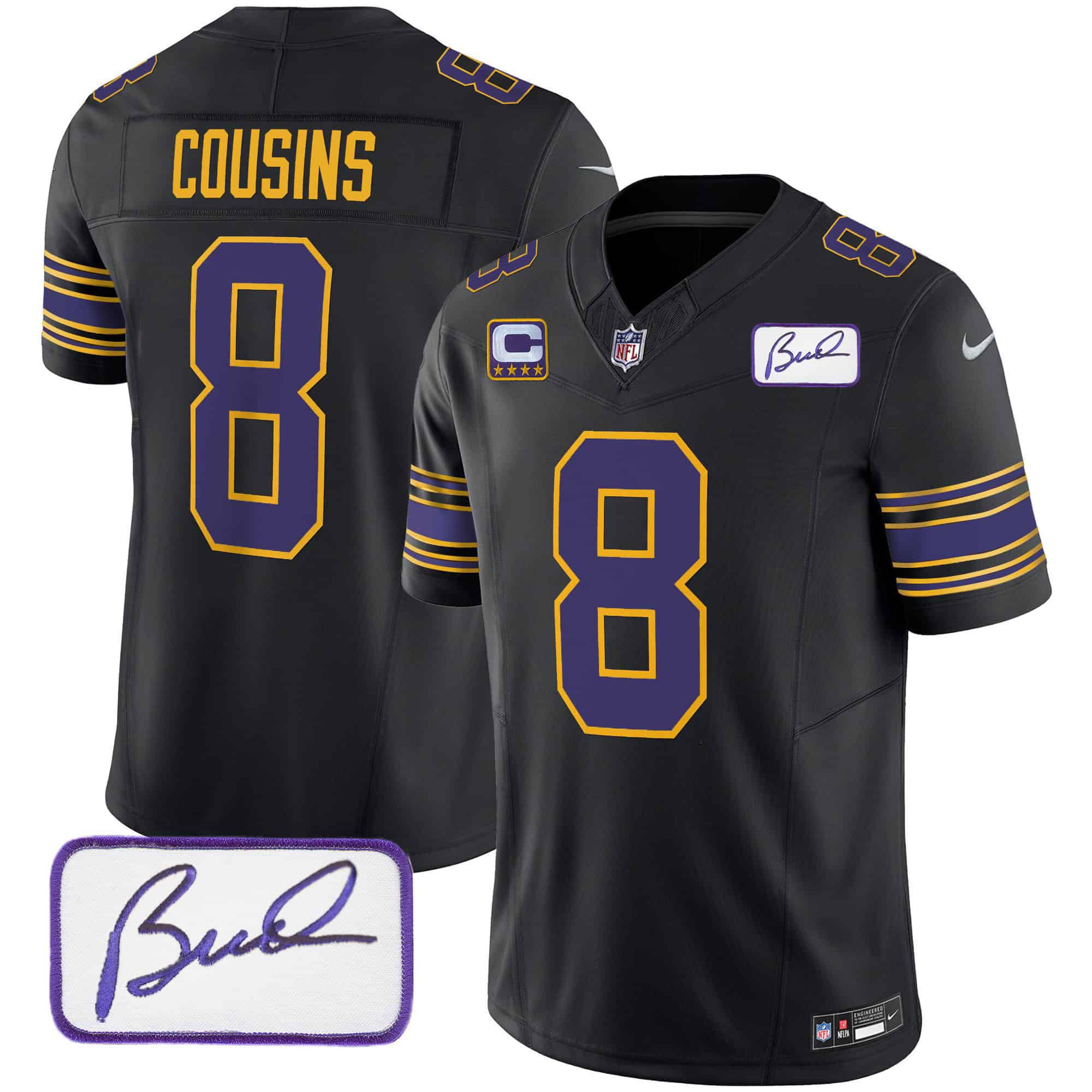 Men Minnesota Vikings #8 Cousins Black 2024 Nike Bud Grant Patch Classic Limited NFL Jersey